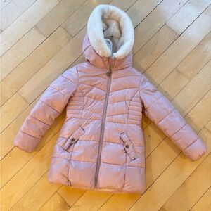 Girls Michael Kors Pink Hooded Puffer Jacket with Faux Fur Lining